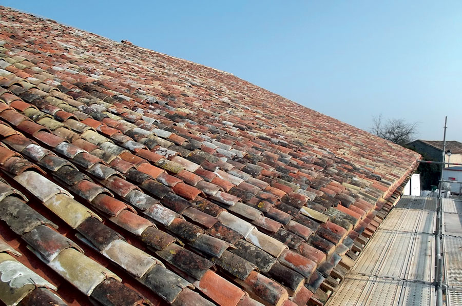 Toiture en tuiles encrassée avec mousses et lichens avant nettoyage et démoussage